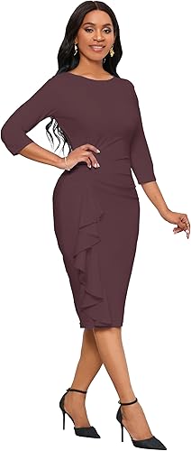 Church Dresses for Women 3/4 Sleeve Bodycon Ruffle Vintage Wear to Work Pencil Midi Dress - Seal Brown