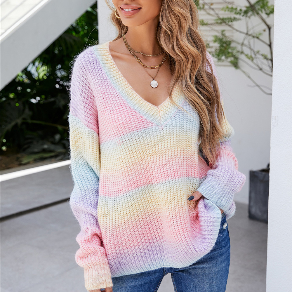 Higomore™ Colorblock Long Sleeve V Neck Knit Sweater