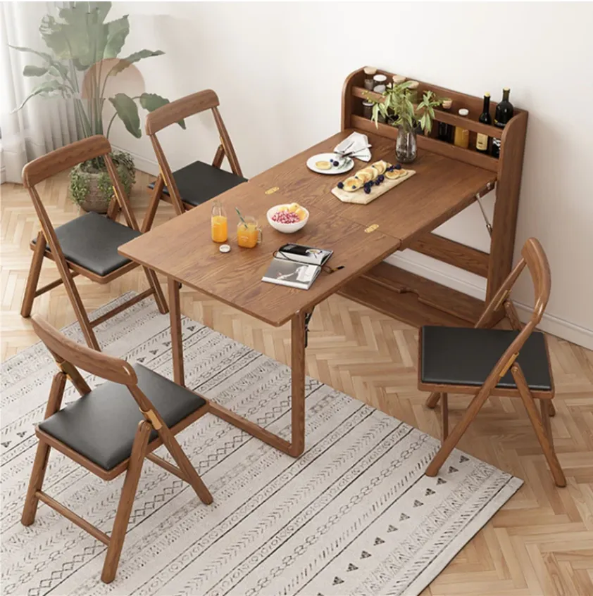 Mesa de comedor multifuncional plegable de madera maciza + 2 sillas gratuitas.