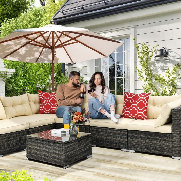 7 PCS Patio Furniture Set, All-Weather PE Rattan Outdoor Conversation Sectional Sofa Set, Wicker Outside Couch with Table and Cushions for Porch Garden Backyard Beige