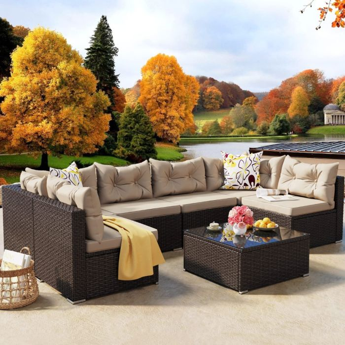 7Pcs Patio Furniture Set, All-Weather PE Rattan Conversation Set, Outdoor Sectional Sofa Wicker Outside Couch with Table for Porch Lawn Garden Backyard (Brown)