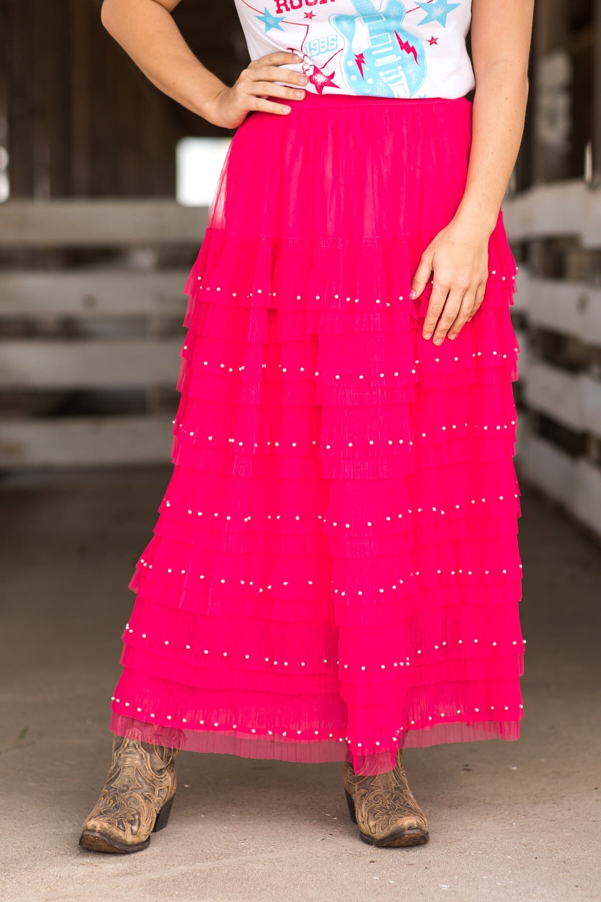 Hot Pink Tulle Midi Skirt With Pearl Detail