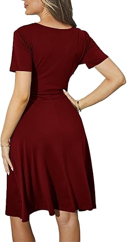 Women's Elegant Criss-Cross V Neck Vintage Short Sleeve Work Casual Fit and Flare Tea Dress with Pockets - Burgundy