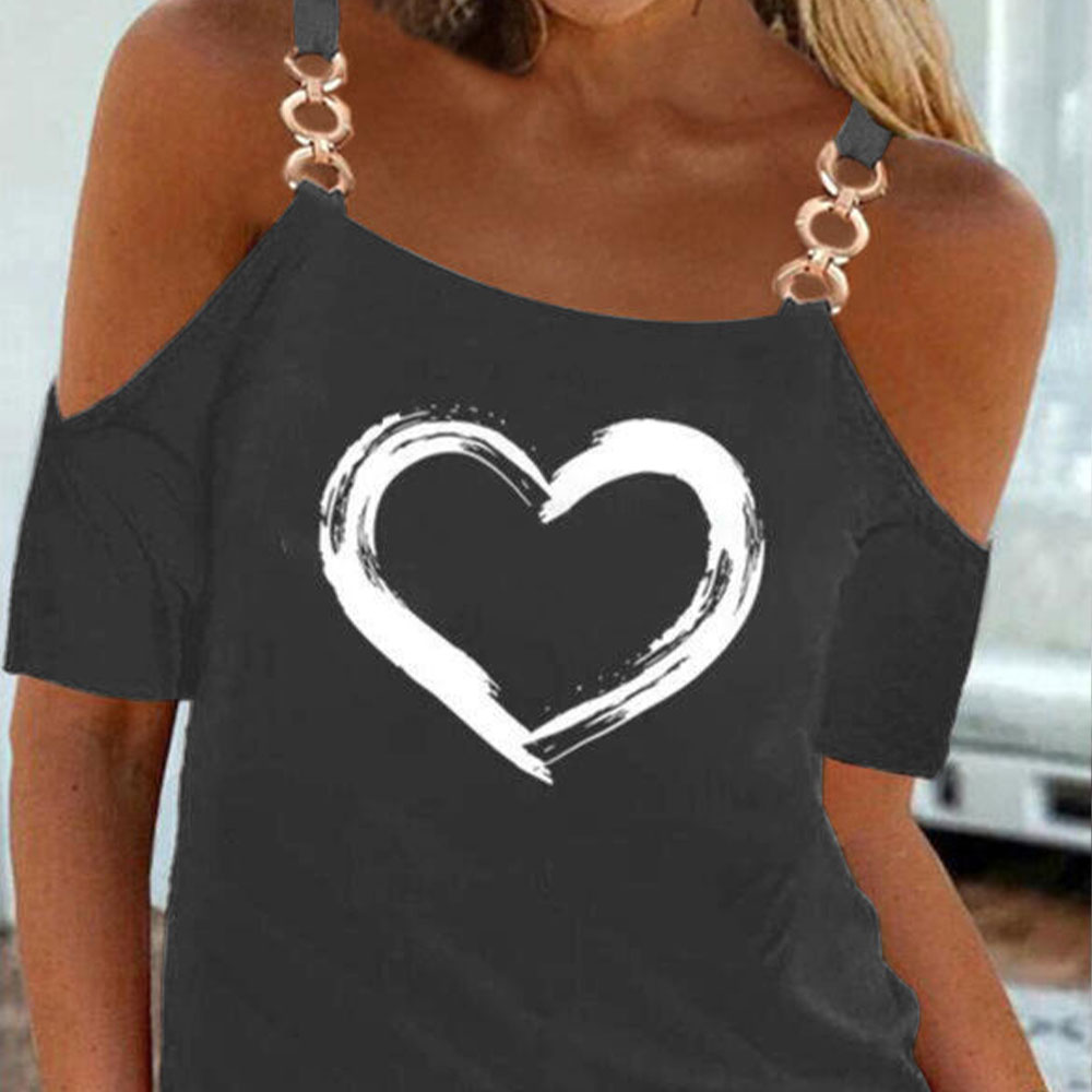 Castillotigo™ Mangas cortas con hombros descubiertos para mujer con estampado de corazones