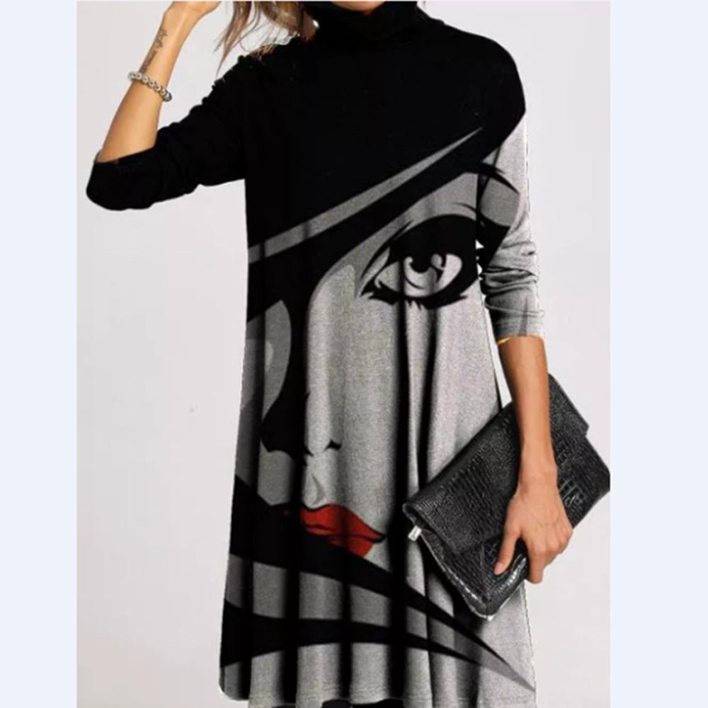 Higolot™ Printed High Neck Long Sleeve Loose Dress