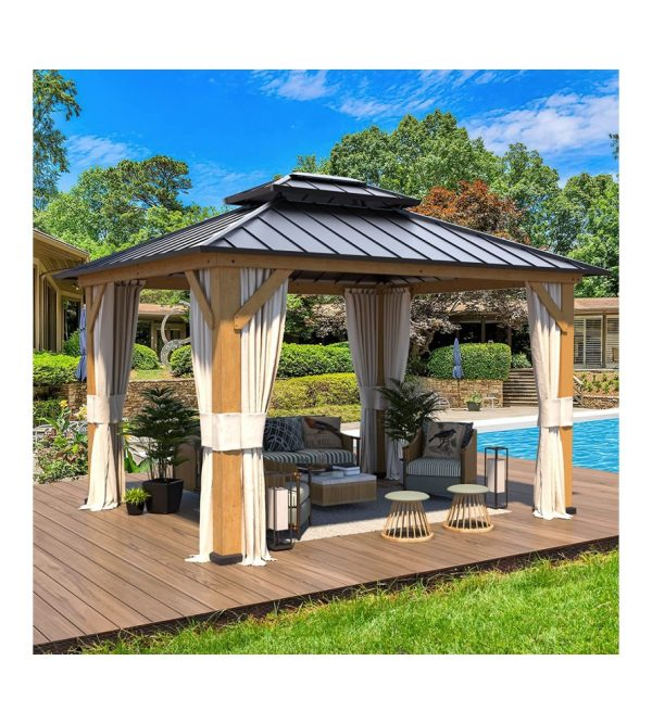 11′ft x 13′ft Solid Wood Gazebo, Hardtop Gazebo Plastic Sprayed Metal Roof Outdoor Gazebo Canopy Double Vented Roof Pergolas Wood Frame with Netting and Curtains for Garden, Patio, Lawns, Parties
