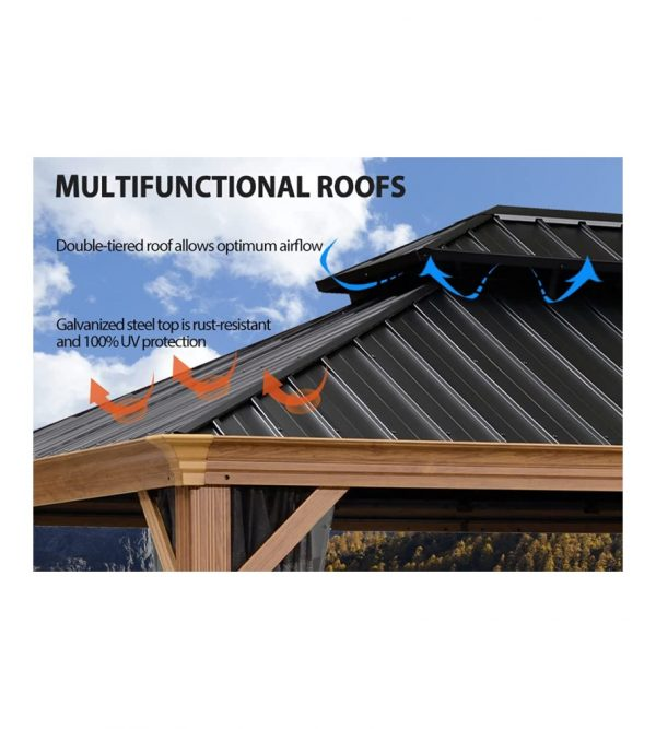 10′ft X 12′ft Outdoor Hardtop Gazebo for Patio Galvanized Steel Double Roof Permanent Canopy Teak Finish Coated Aluminum Frame Pavilion Gazebo with Netting