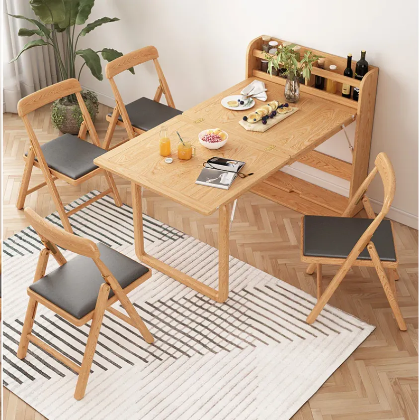 Mesa de comedor multifuncional plegable de madera maciza + 2 sillas gratuitas.