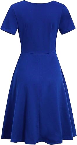 Women's Elegant Criss-Cross V Neck Vintage Short Sleeve Work Casual Fit and Flare Tea Dress with Pockets - Royal Blue