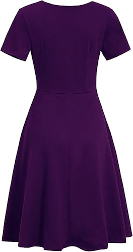 Women's Elegant Criss-Cross V Neck Vintage Short Sleeve Work Casual Fit and Flare Tea Dress with Pockets - Purple