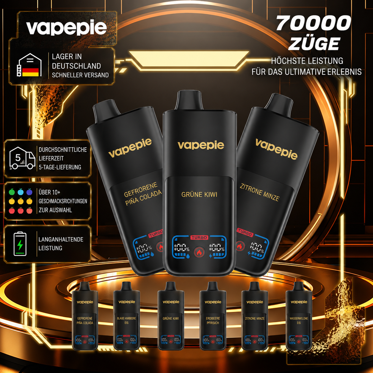 Vapepie 70.000 Züge – Wiederaufladbare Einweg-Vape – Verschiedene Geschmacksrichtungen erhältlich