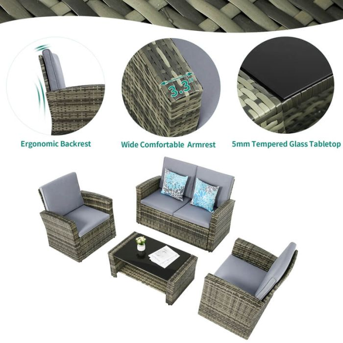 5 Piece PE Rattan Patio Outdoor Conversation Sets with Table