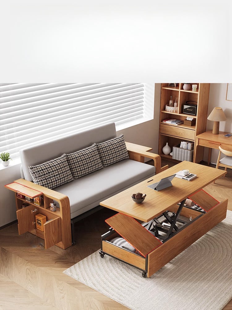 Sofá de madera maciza plegable con almacenamiento y cama retráctil.