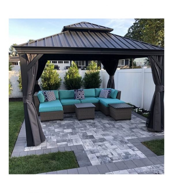10′ft X 12′ft Permanent Hardtop Gazebo Aluminum Gazebo with Galvanized Steel Double Roof for Patio Lawn and Garden, Curtains and Netting Included, Grey