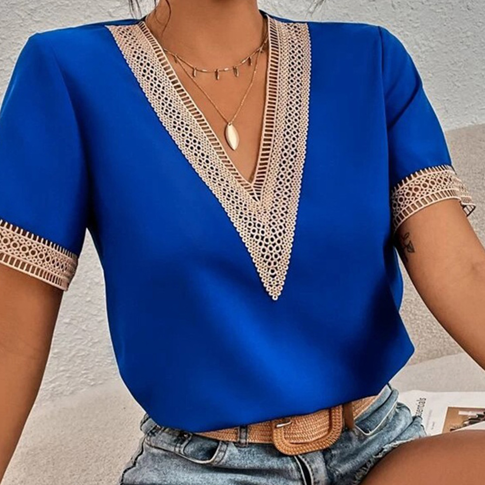 Castillotigo™ Camisa casual de color sólido de encaje con cuello en V europeo y americano de moda