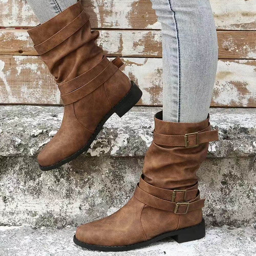 Castillotigo™ Otoño nuevas botas planas de mujer con hebilla de cinturón de estilo británico