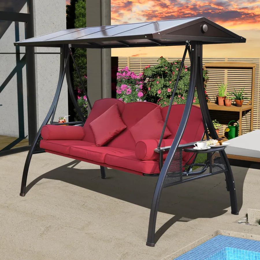 Sale Outdoor Porch Swings With Adjustable PC Canopy, 3 Cushions, 2 Cup Holders & 4 Pillows, Burgundy