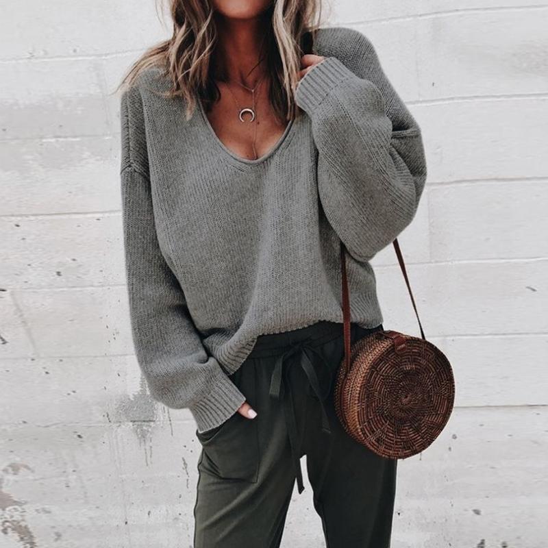 Higolot™ Fashion V-Neck Solid Color Long-Sleeved Sweater