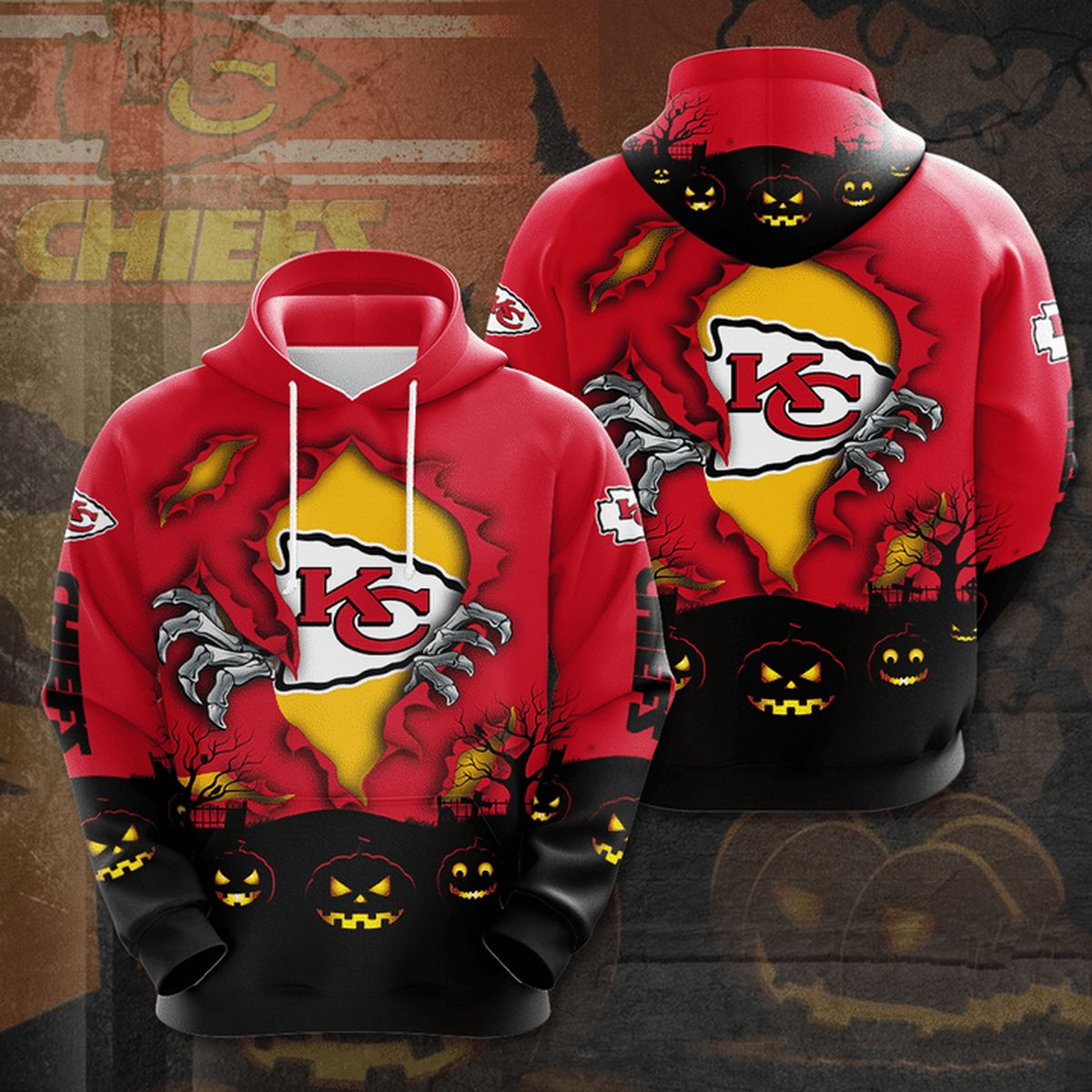 KANSAS CITY CHIEFS 3D HOODIE SKULL102