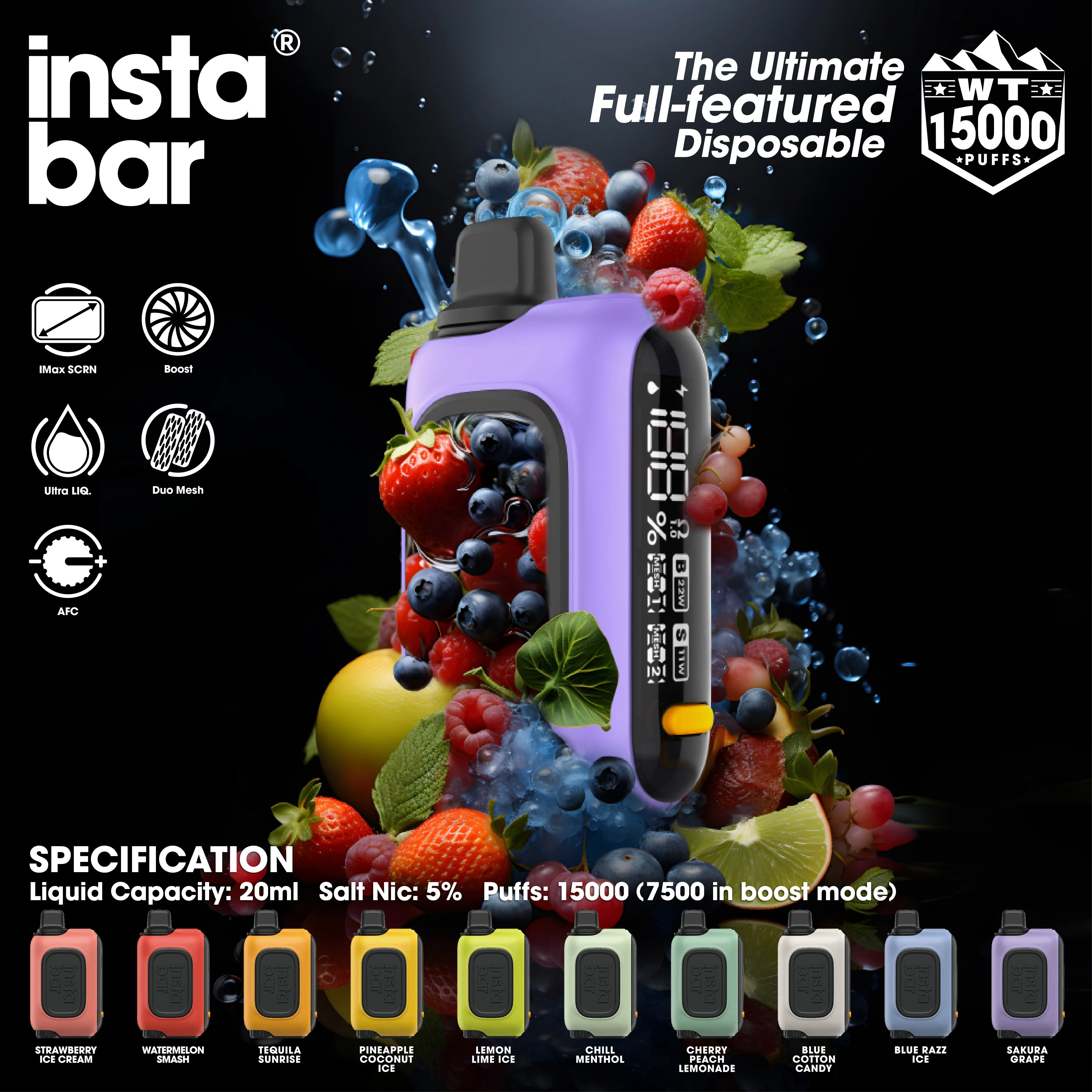 INSTABAR WT 15000 PUFFS - 10 Flavors (Over 90,000 positive reviews)