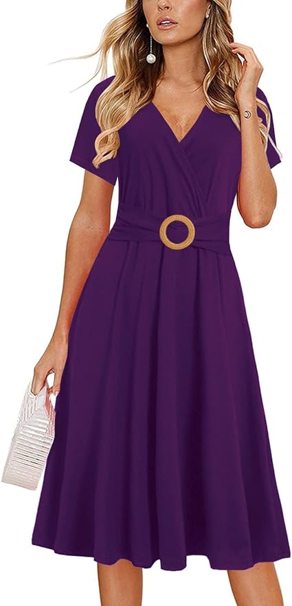 Women's Elegant Criss-Cross V Neck Vintage Short Sleeve Work Casual Fit and Flare Tea Dress with Pockets - Purple