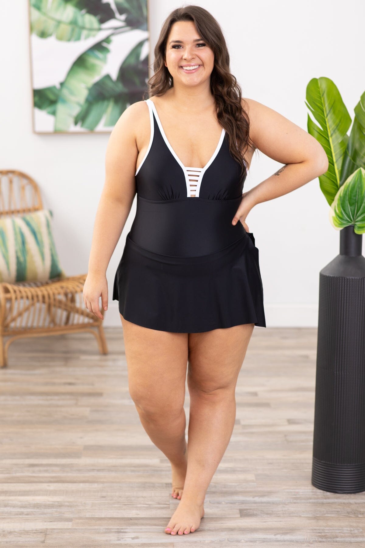 Black and White One Piece Swimsuit with Skirt