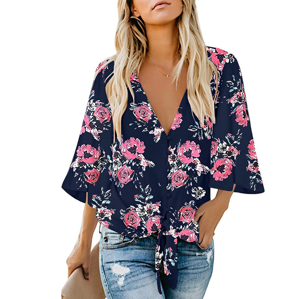 Castillotigo™ Camisa estampada con cuello en V abotonada y con cordones