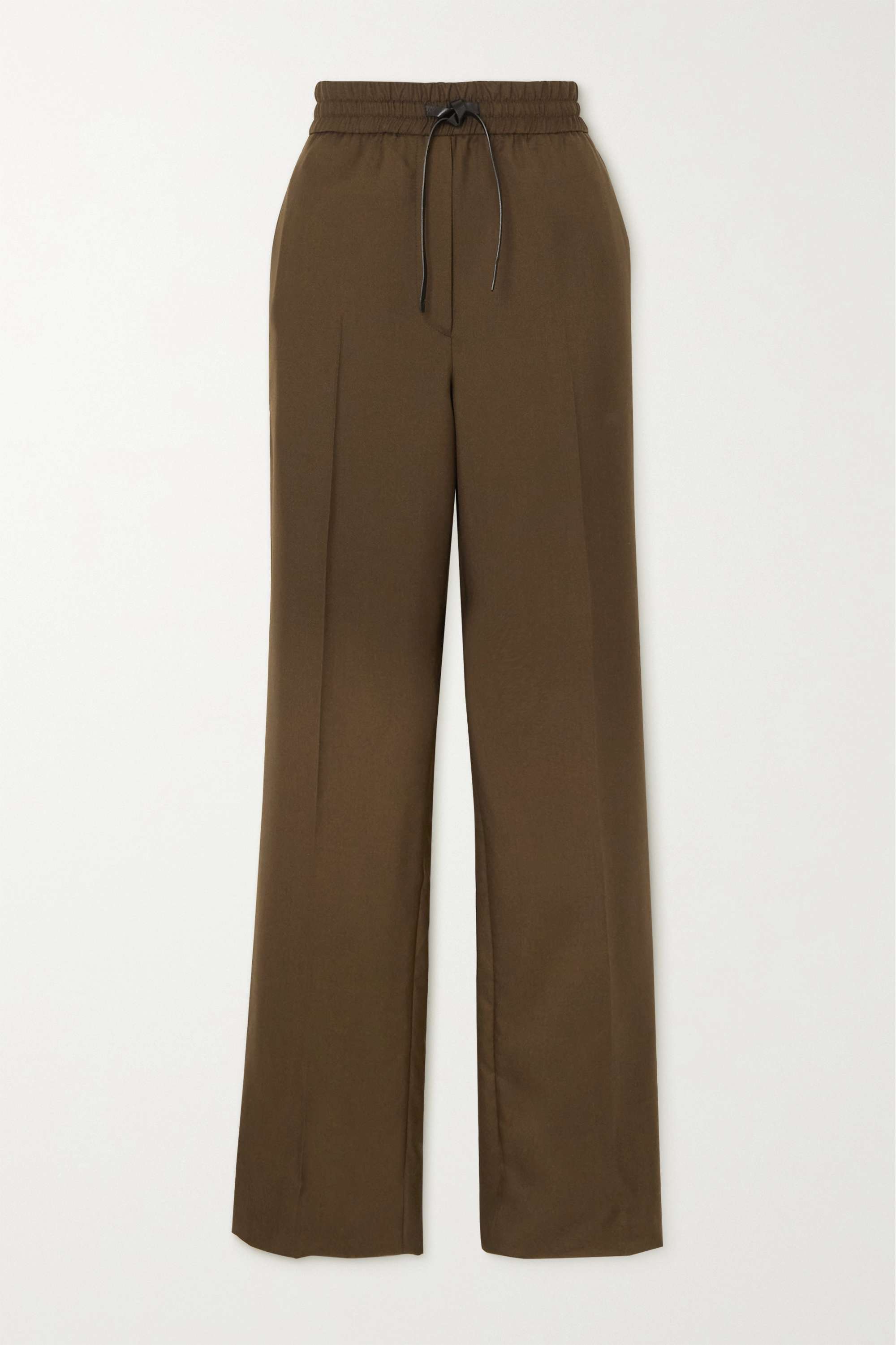 Leather-trimmed wool straight-leg pants