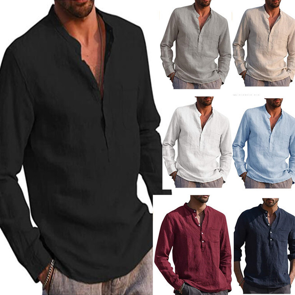 Castillotigo™ Camisa casual de lino de playa con cuello en V y manga larga para hombre