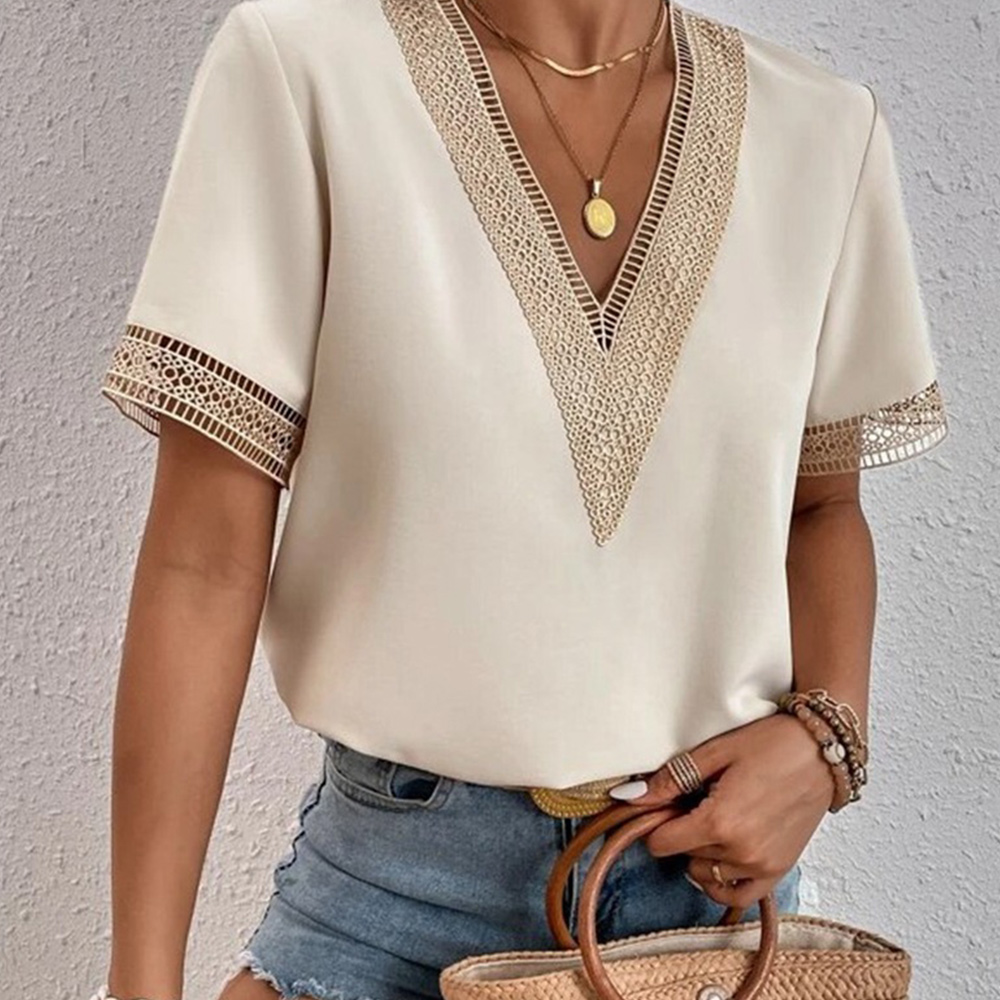 Castillotigo™ Camisa casual de color sólido de encaje con cuello en V europeo y americano de moda