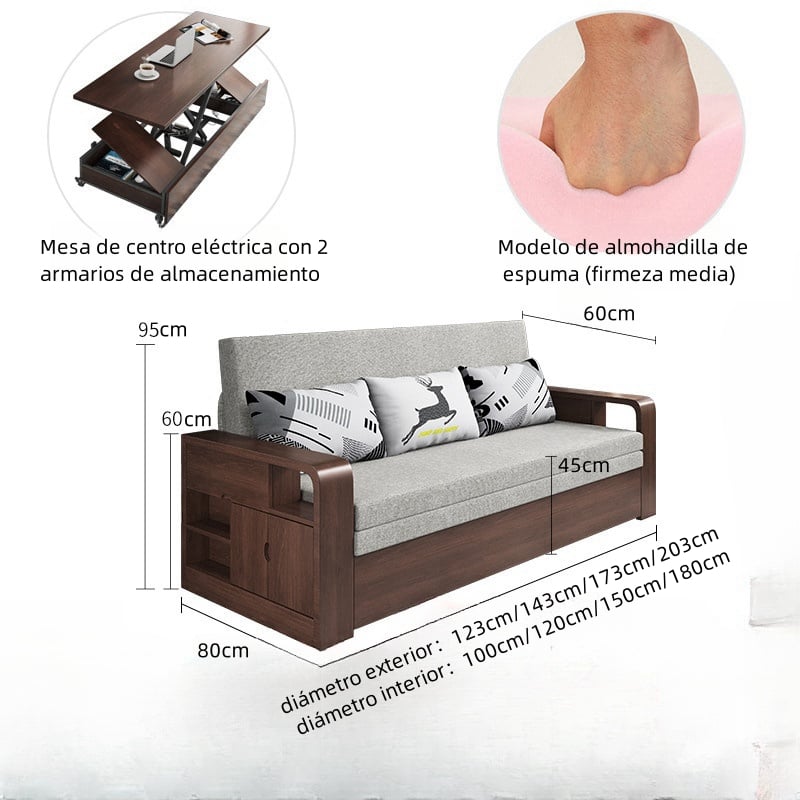 Sofá de madera maciza plegable con almacenamiento y cama retráctil.