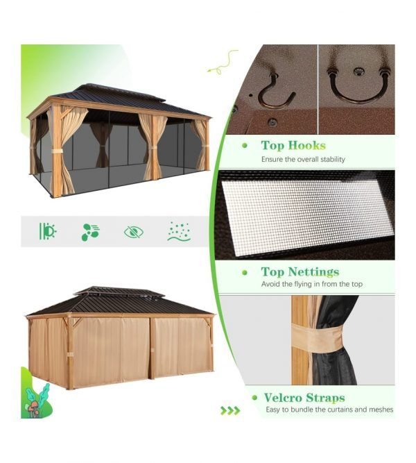 12′ft x 20′ft  Aluminum Wood Grain Hardtop Gazebo, Outdoor Aluminum Double Roof with Privacy Curtain and Mosquito Net for Patio, Lawn, Garden, Deck(Wood Looking)
