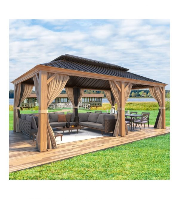 12′ft x 20′ft  Aluminum Wood Grain Hardtop Gazebo, Outdoor Aluminum Double Roof with Privacy Curtain and Mosquito Net for Patio, Lawn, Garden, Deck(Wood Looking)