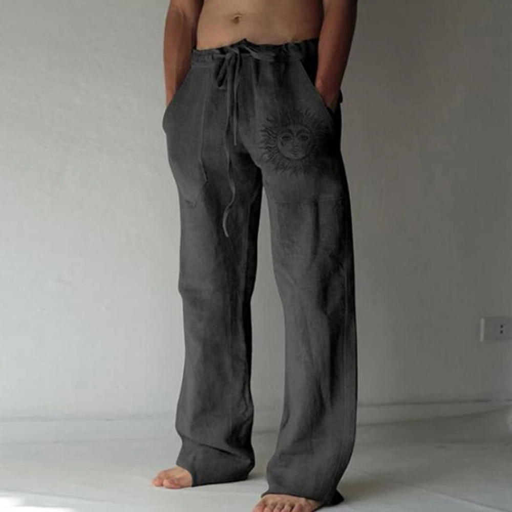 Castillotigo™ Pantalones casuales con estampado de sol bohemio de lino y algodón para hombre