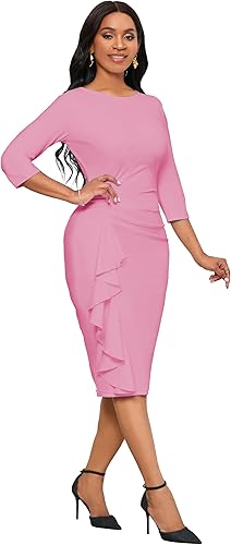 Church Dresses for Women 3/4 Sleeve Bodycon Ruffle Vintage Wear to Work Pencil Midi Dress - Pink