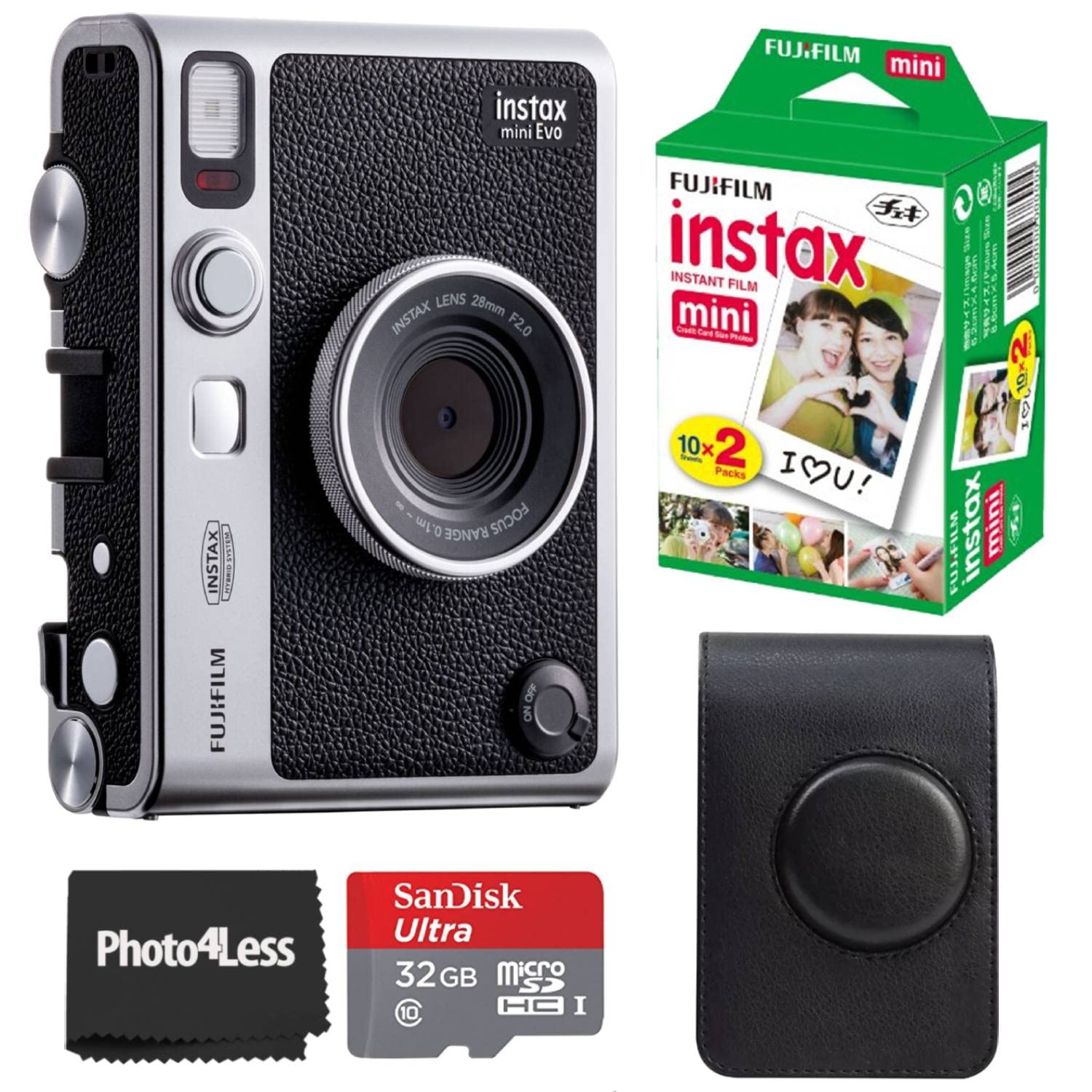 Fujifilm Instax Mini EVO Camera Kit con Instax Mini Instant Film, 20 hojas, tarjeta MicroSD de 32GB, funda protectora negra estilo retro