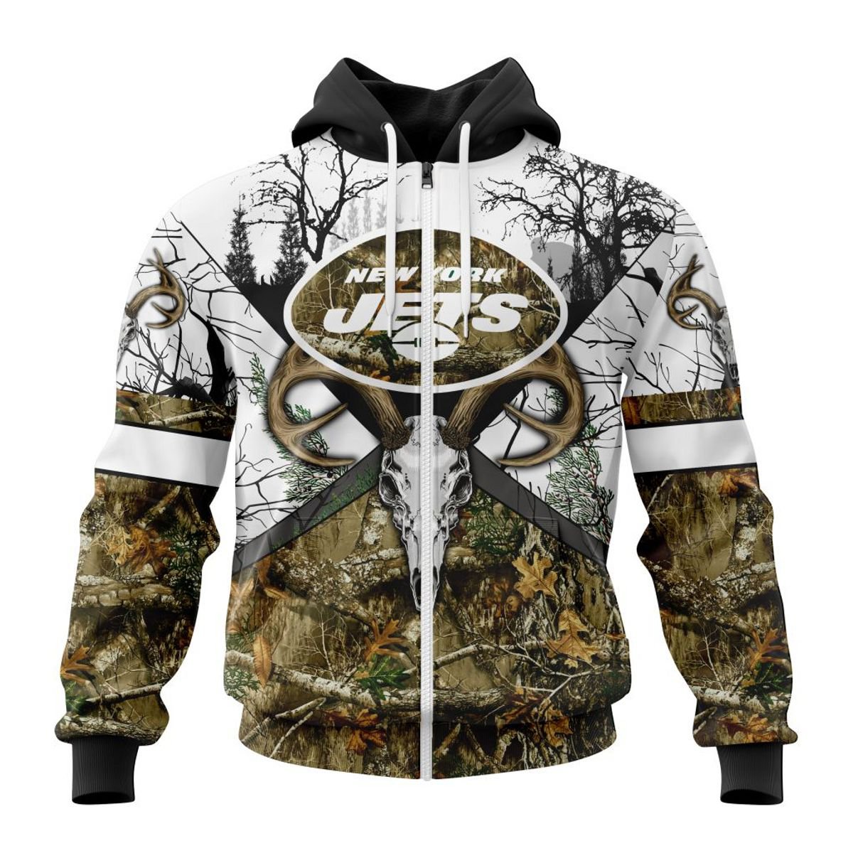 NEW YORK JETS DEER SKULL AND FOREST 3D HOODIE