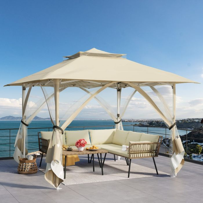 Movable Gazebo  Beige 12x12ft Outdoor Portable Double Roof Pop Up Gazebo Outdoor Aluminum Canopy