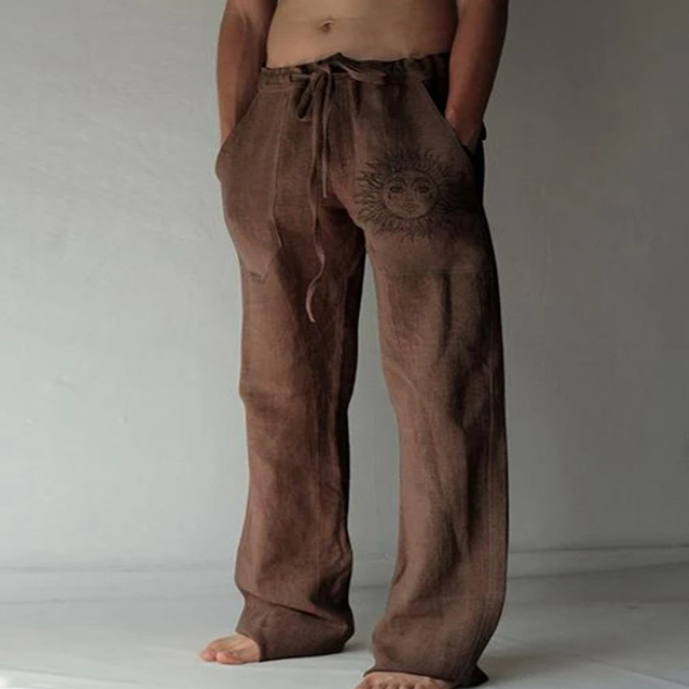 Castillotigo™ Pantalones casuales con estampado de sol bohemio de lino y algodón para hombre