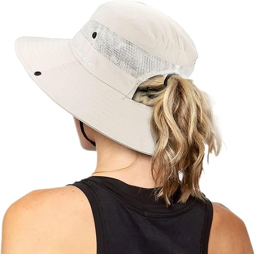 Women's Outdoor UV-Protection-Foldable Sun-Hats Mesh Wide-Brim Beach Fishing Hat with Ponytail-Hole