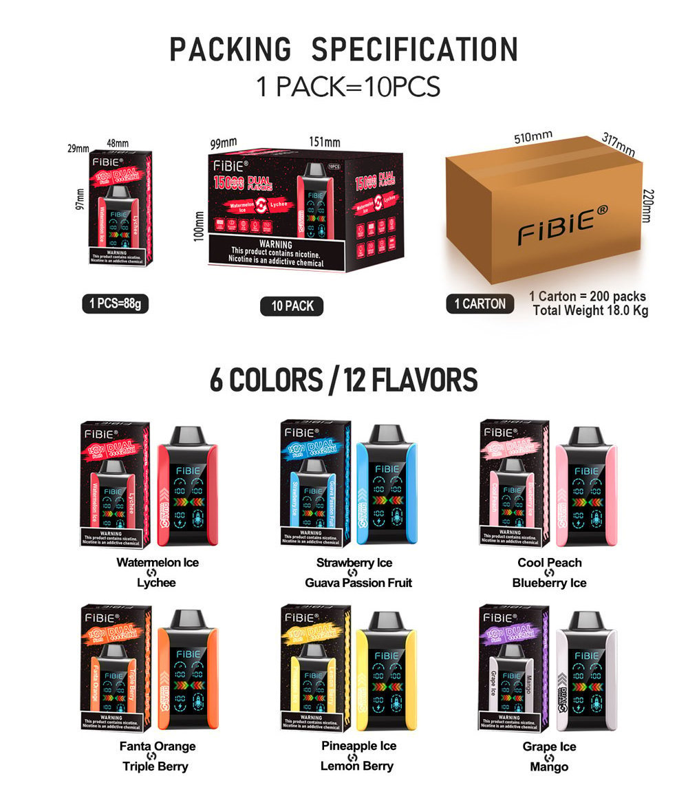 🔥FIBIE 15000 PUFFS - 12 Flavors (Each one has Dual Flavors)