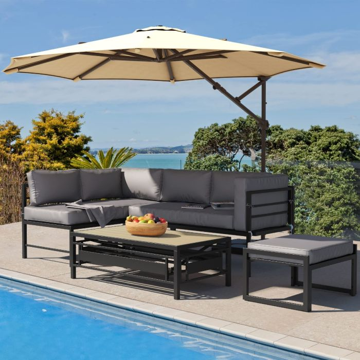 4PCS Patio Furniture Set, Sectional L-Shaped Sofa with Adjustable Armrest & Leveling Coffee Table, Metal Conversation Detachable Lounger Set for Patio Backyard Poolside Porch - Grey