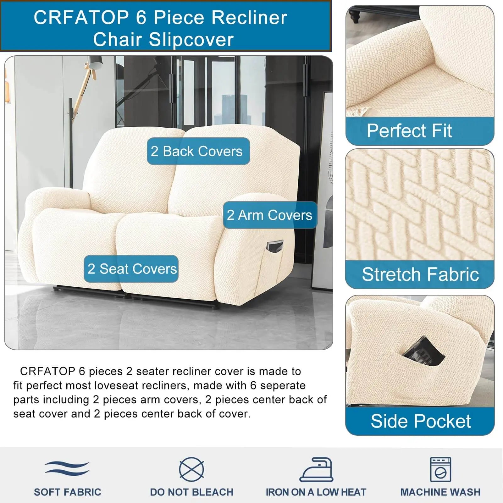 Textured Grid Loveseat Recliner Cover Double Recliner Couch Cover