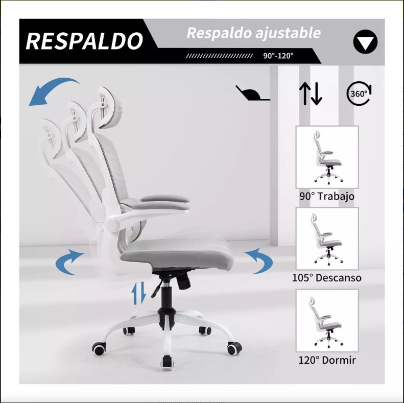 Silla de oficina ergonómica - estilo moderno con reposacabezas y reposabrazos regulables y respaldo regulable