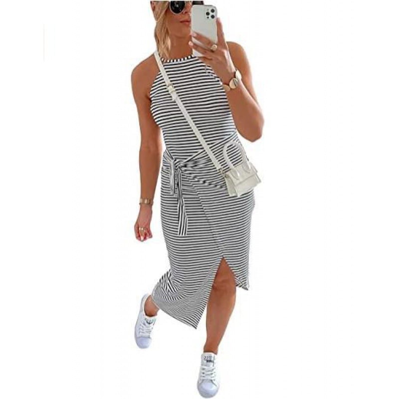 🔥Summer Hot Sale 😊Casual Sleeveless Striped Midi Dresses