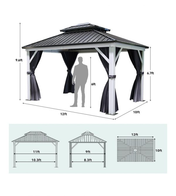White Gazebo 10ftx12ft Hardtop Double Roof Canopy Galvanized Iron Aluminum Frame Outdoor Gazebo with Netting and Shaded Curtains Garden Tent for Patio, Backyard, Deck and Lawns, Grey Curtain