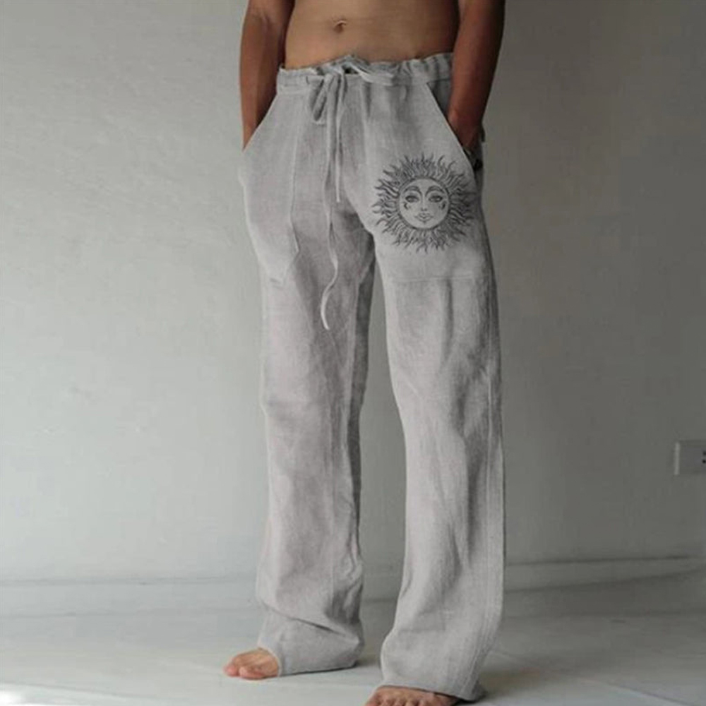 Castillotigo™ Pantalones casuales con estampado de sol bohemio de lino y algodón para hombre