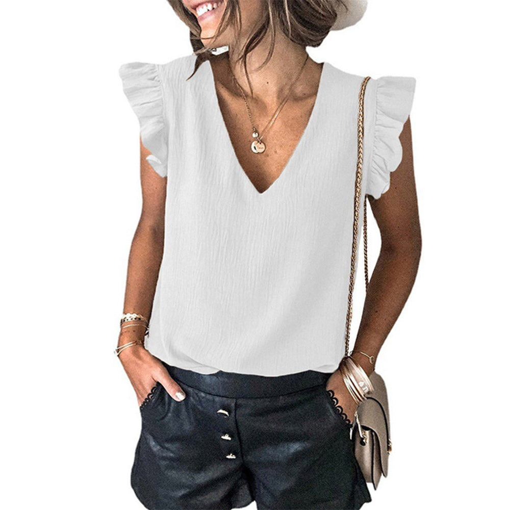 Castillotigo™ Top de manga con volantes y cuello en V de color sólido de nueva moda