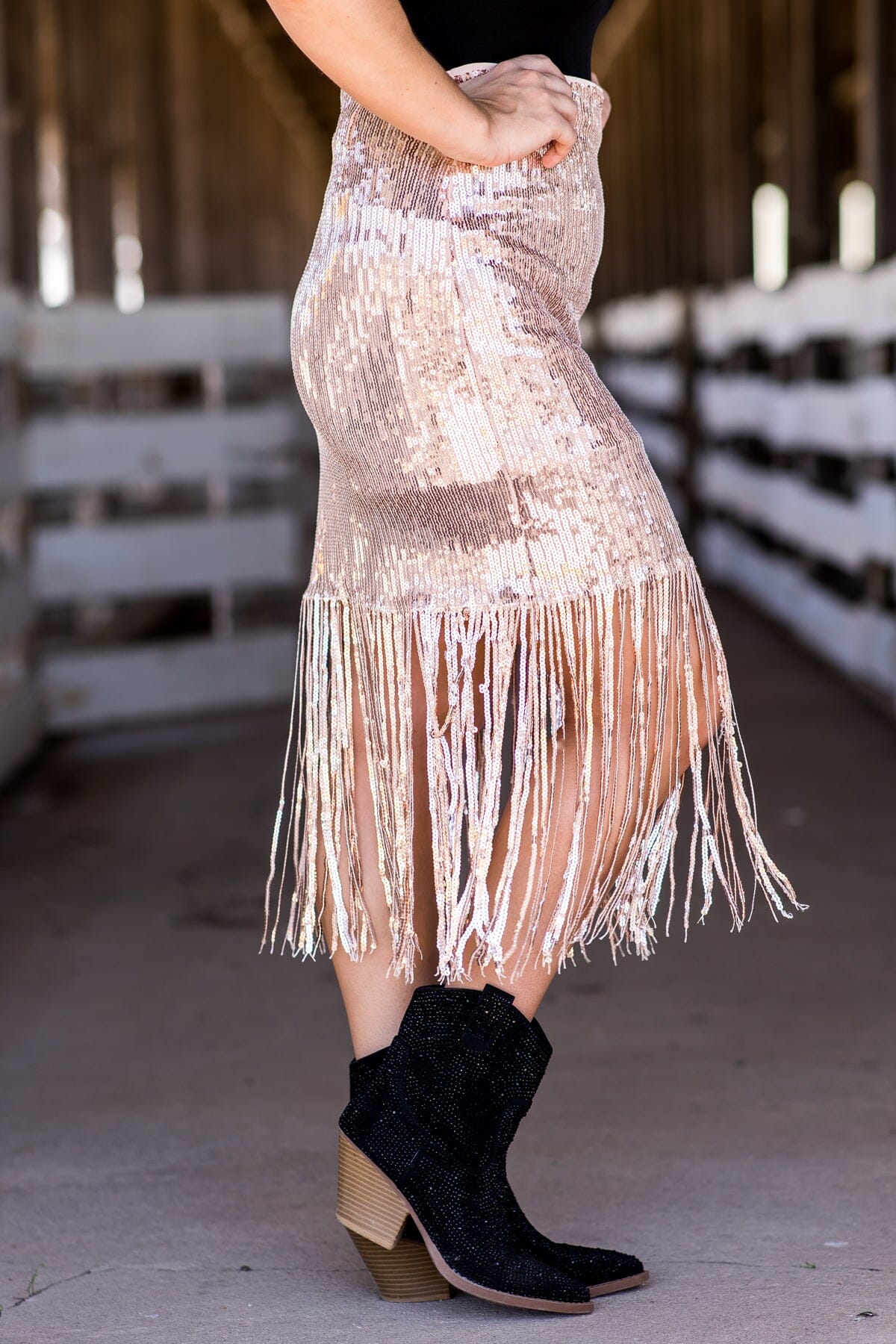 Rose Gold Sequin Midi Skirt With Fringe