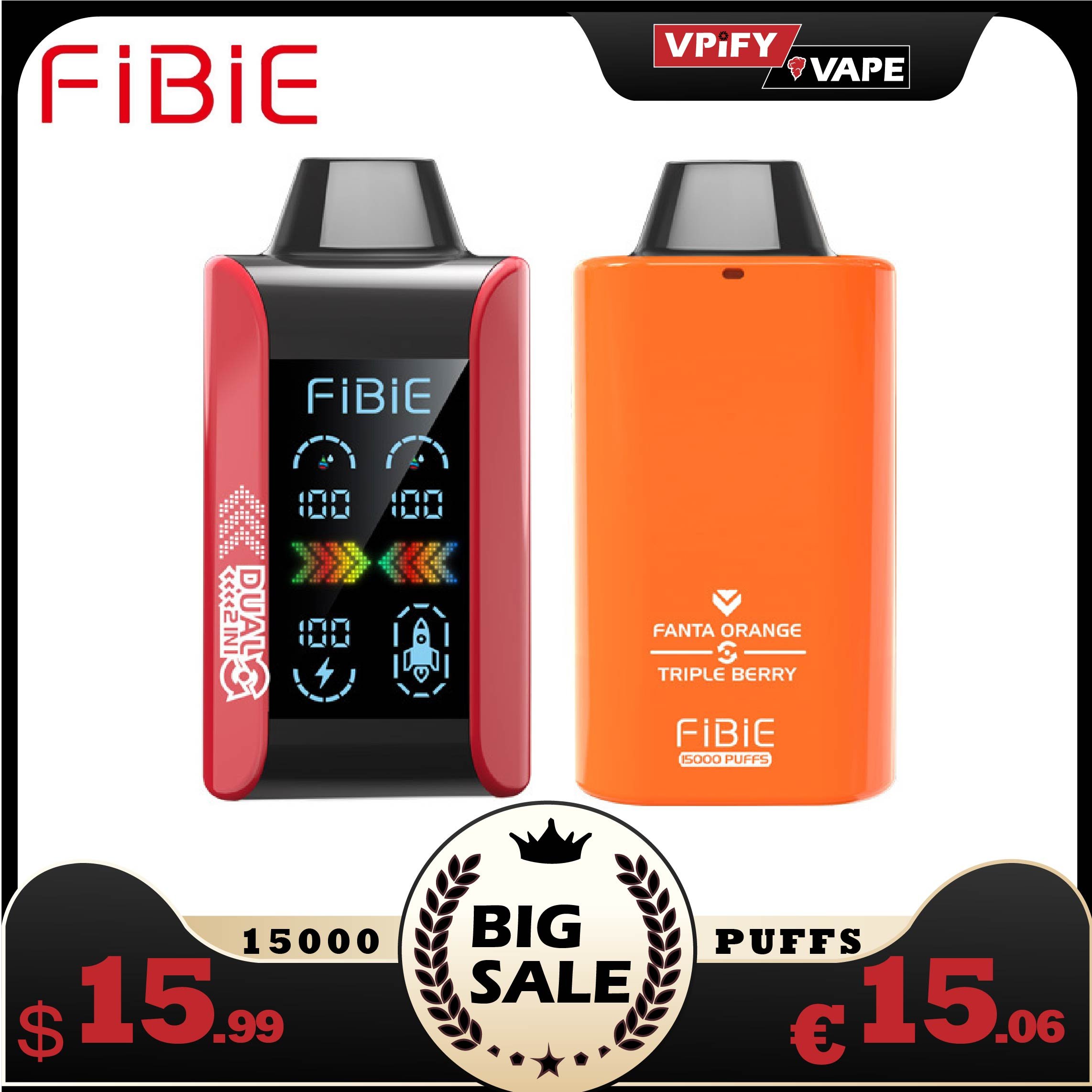 FIBIE 15000 Dual Flavors Disposable Vapor Wands(15000 PUFFS) - Digital LCD Indicator